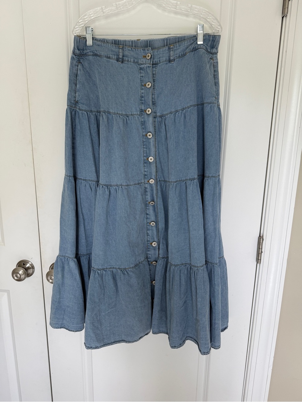 DAVI & DANI denim Tiered Button-Front Maxi skirt western boho cottegecore L